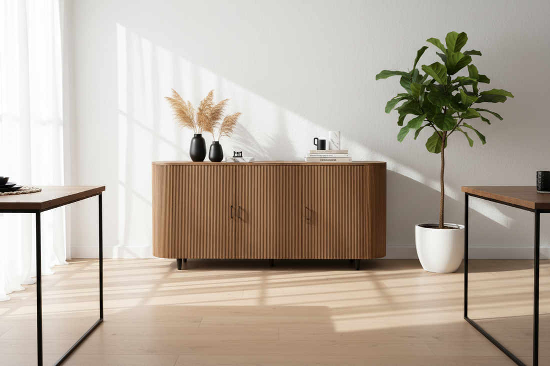 Buffet en bois de manguier massif dans une salle à manger contemporaine - Tendances déco 2026 - SARRVA