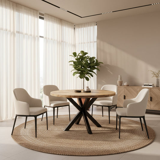 Lisbonne -Table à Manger Ronde en manguier massif 120 cm- Pieds Métal Noir Style Industriel - Sarrva