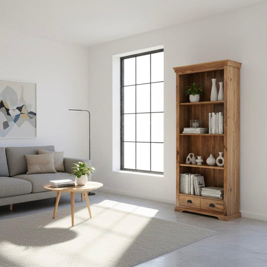 Bibliothèque Vintage Bois Manguier Massif 85cm NAGORE - 3 Étagères 2 Tiroirs - Sarrva