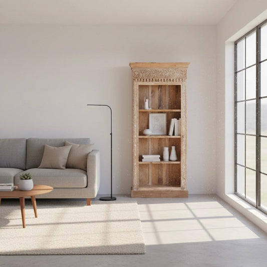 Bibliothèque Sculptée 80cm Bois Manguier - 3 Étagères Collection BOMBAY - Sarrva