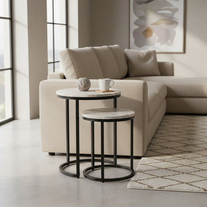 Tables Gigognes Marbre blanc pieds métal- Set 2 Tables Design Luxe - Sarrva