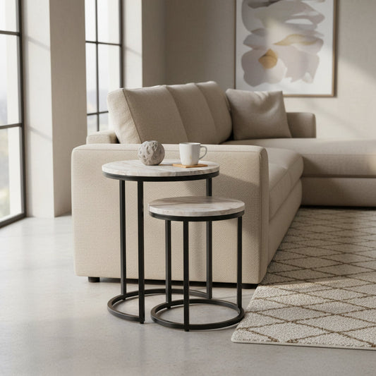 Tables Gigognes Marbre blanc pieds métal- Set 2 Tables Design Luxe - Sarrva