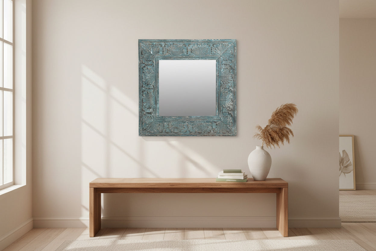 Agra - Miroir Carré 102cm Teck Recyclé Métal - Design Industriel Vintage - Sarrva
