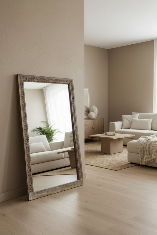 Miroir 161x97cm Bois Teck Recyclé - Design Artisanal Ethnique Vintage - Sarrva