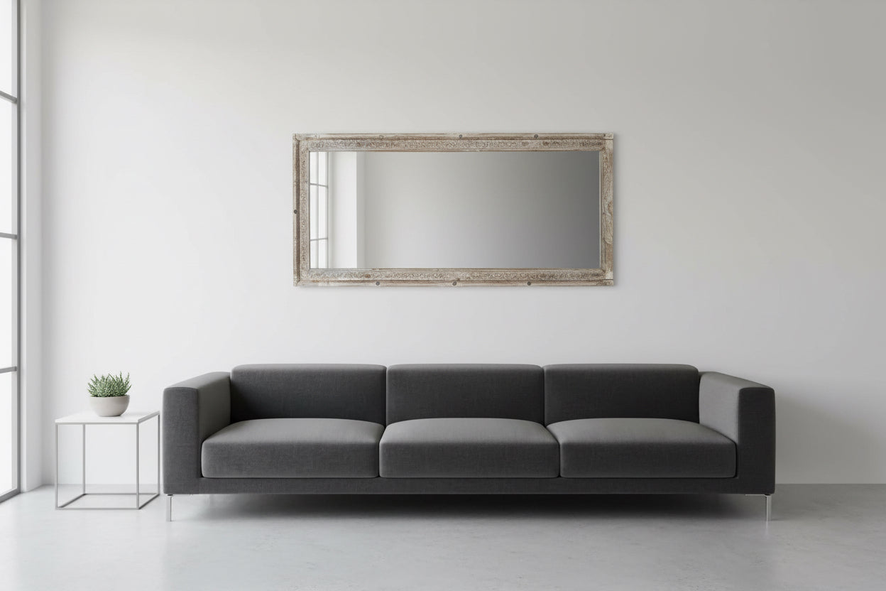 Goa - Grand Miroir Rectangulaire en Teck Blanchi & Incrustations Métal 157x77cm - Artisanal Vintage - Sarrva
