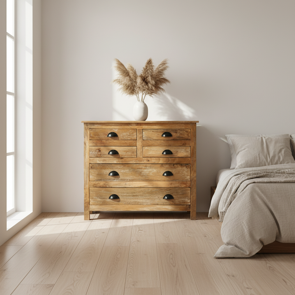 Commode 100cm 6 Tiroirs Manguier Massif - Grand Rangement Chambre NAGORE | Artisanal Sarrva - Sarrva